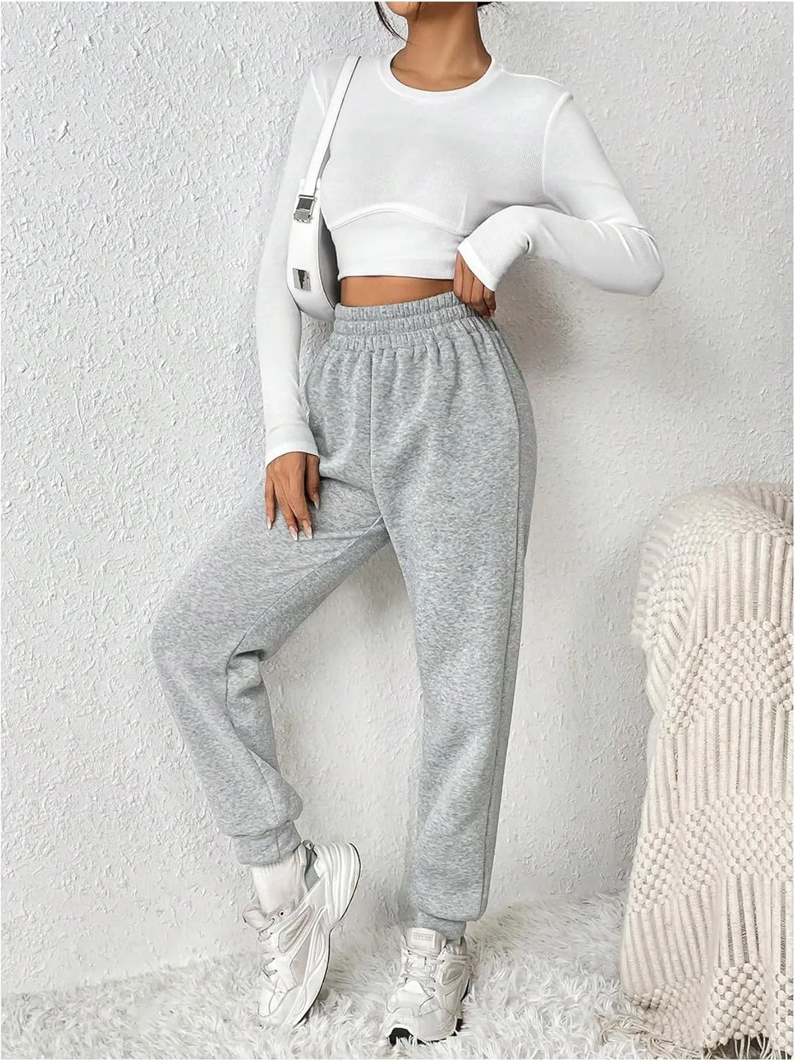 MakeMeChic Women's Elastic Waisted Plain Sweatpants Tapered Athletic Jogger Pants