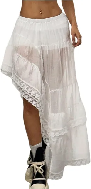 MakeMeChic Women's Lace Mesh Long Skirt Ruffle Tiered Elastic Waist Summer Skirts