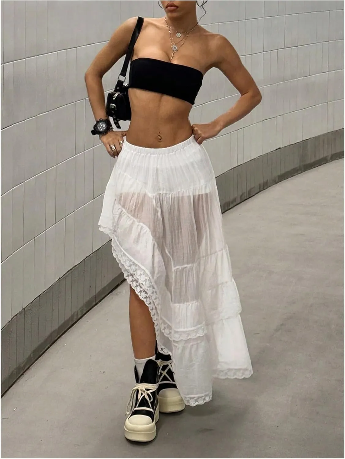 MakeMeChic Women's Lace Mesh Long Skirt Ruffle Tiered Elastic Waist Summer Skirts