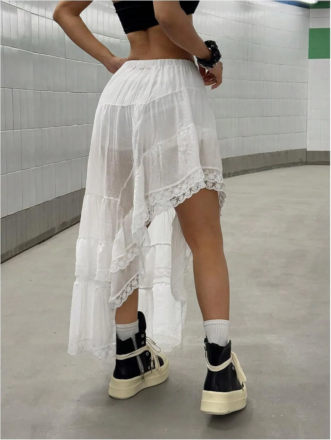 MakeMeChic Women's Lace Mesh Long Skirt Ruffle Tiered Elastic Waist Summer Skirts