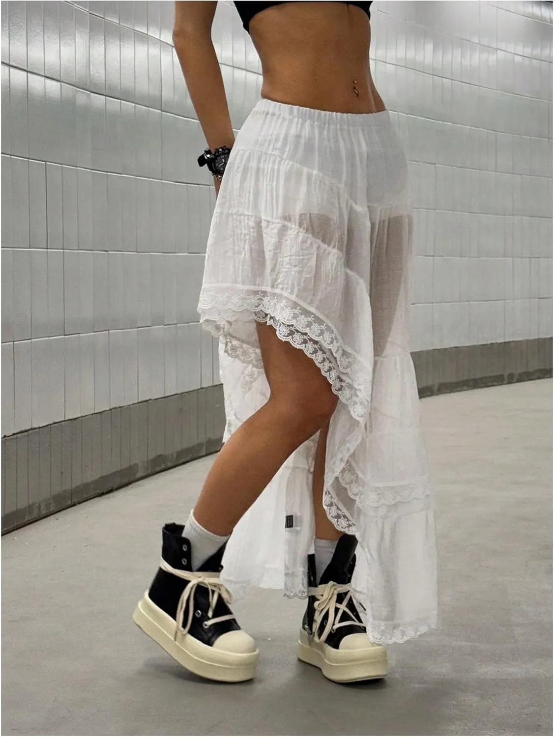MakeMeChic Women's Lace Mesh Long Skirt Ruffle Tiered Elastic Waist Summer Skirts