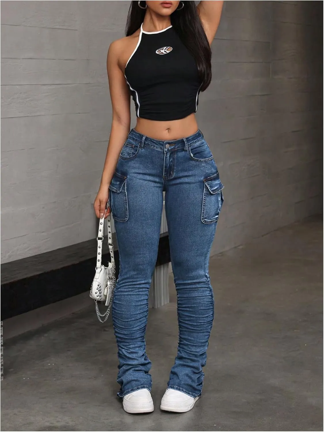 MakeMeChic Women's Vintage Denim Pants Ruched Skinny Y2K Cargo Jeans with Pockets