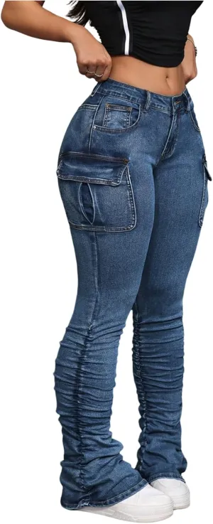 MakeMeChic Women's Vintage Denim Pants Ruched Skinny Y2K Cargo Jeans with Pockets