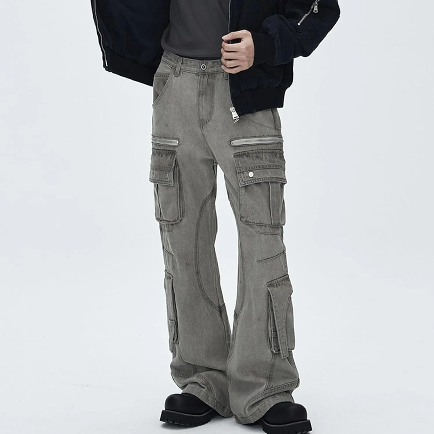 Mens Loose Fit Hip Hop Jeans Multi Pockets Straight Leg Casual Cargo Denim Pants Y2K Streetwear