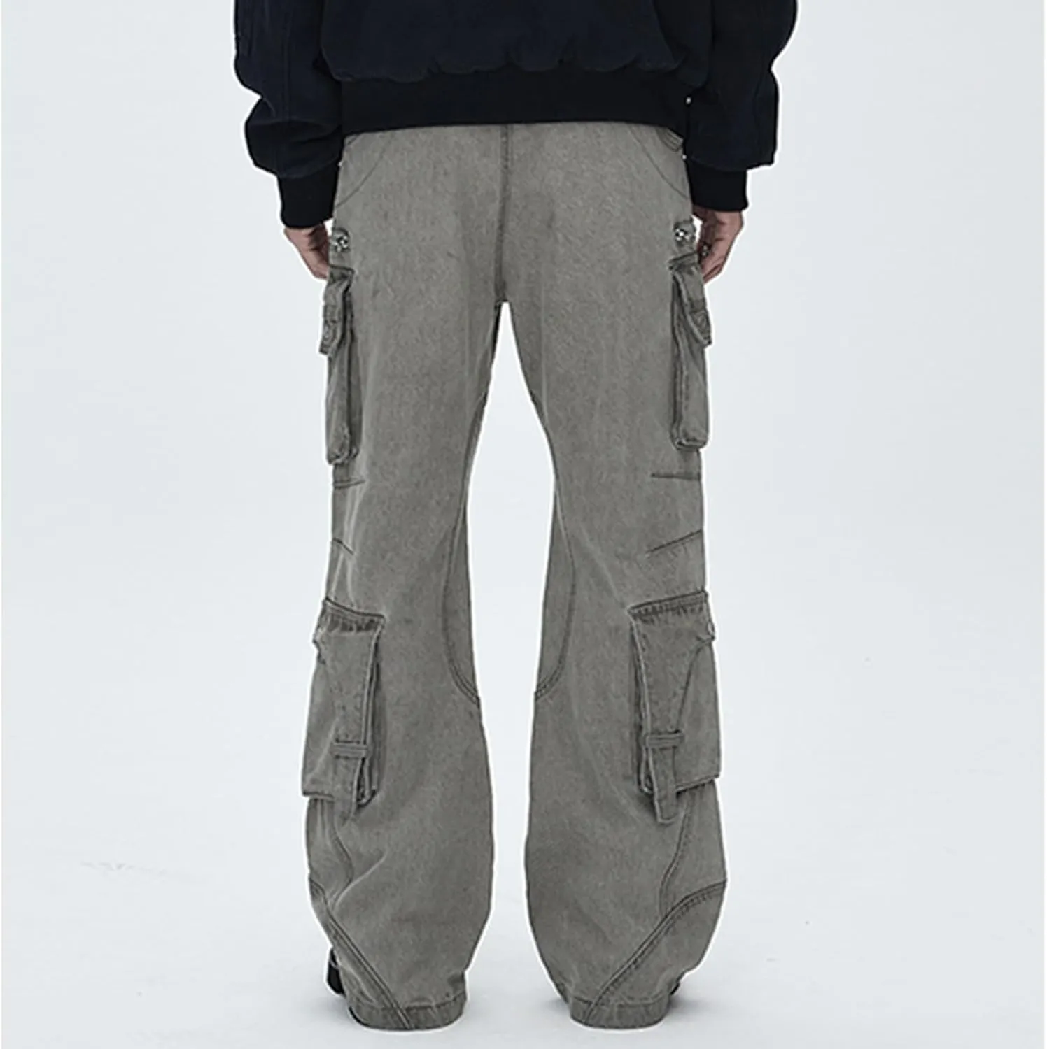 Mens Loose Fit Hip Hop Jeans Multi Pockets Straight Leg Casual Cargo Denim Pants Y2K Streetwear