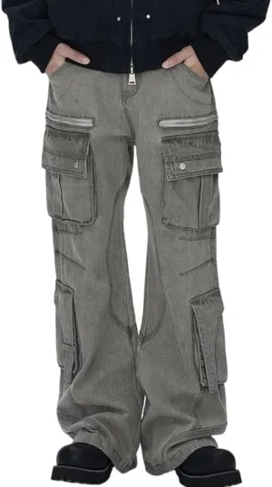 Mens Loose Fit Hip Hop Jeans Multi Pockets Straight Leg Casual Cargo Denim Pants Y2K Streetwear