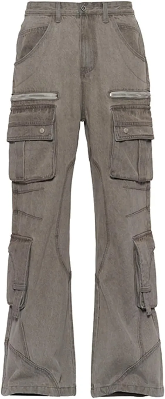 Mens Loose Fit Hip Hop Jeans Multi Pockets Straight Leg Casual Cargo Denim Pants Y2K Streetwear