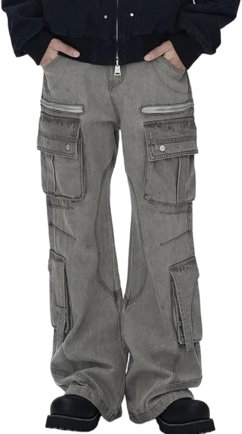 Mens Loose Fit Hip Hop Jeans Multi Pockets Straight Leg Casual Cargo Denim Pants Y2K Streetwear