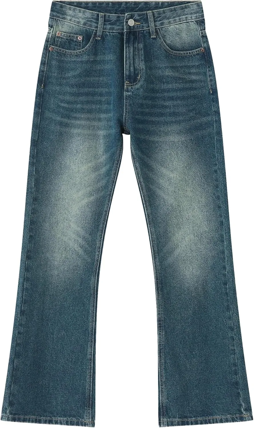 Men's Relaxed Bell Bottom Fit Comfort Flared Retro Leg Denim Jeans Original Straight Fit Denim Jeans