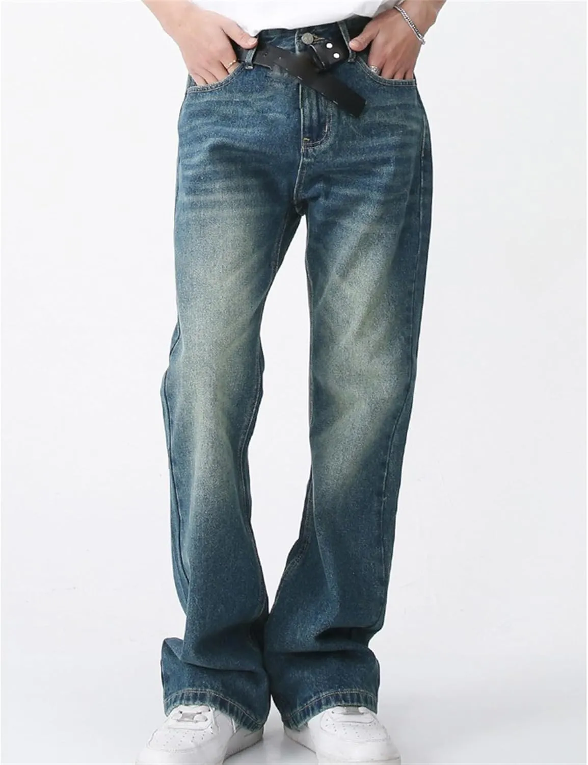 Men's Relaxed Bell Bottom Fit Comfort Flared Retro Leg Denim Jeans Original Straight Fit Denim Jeans