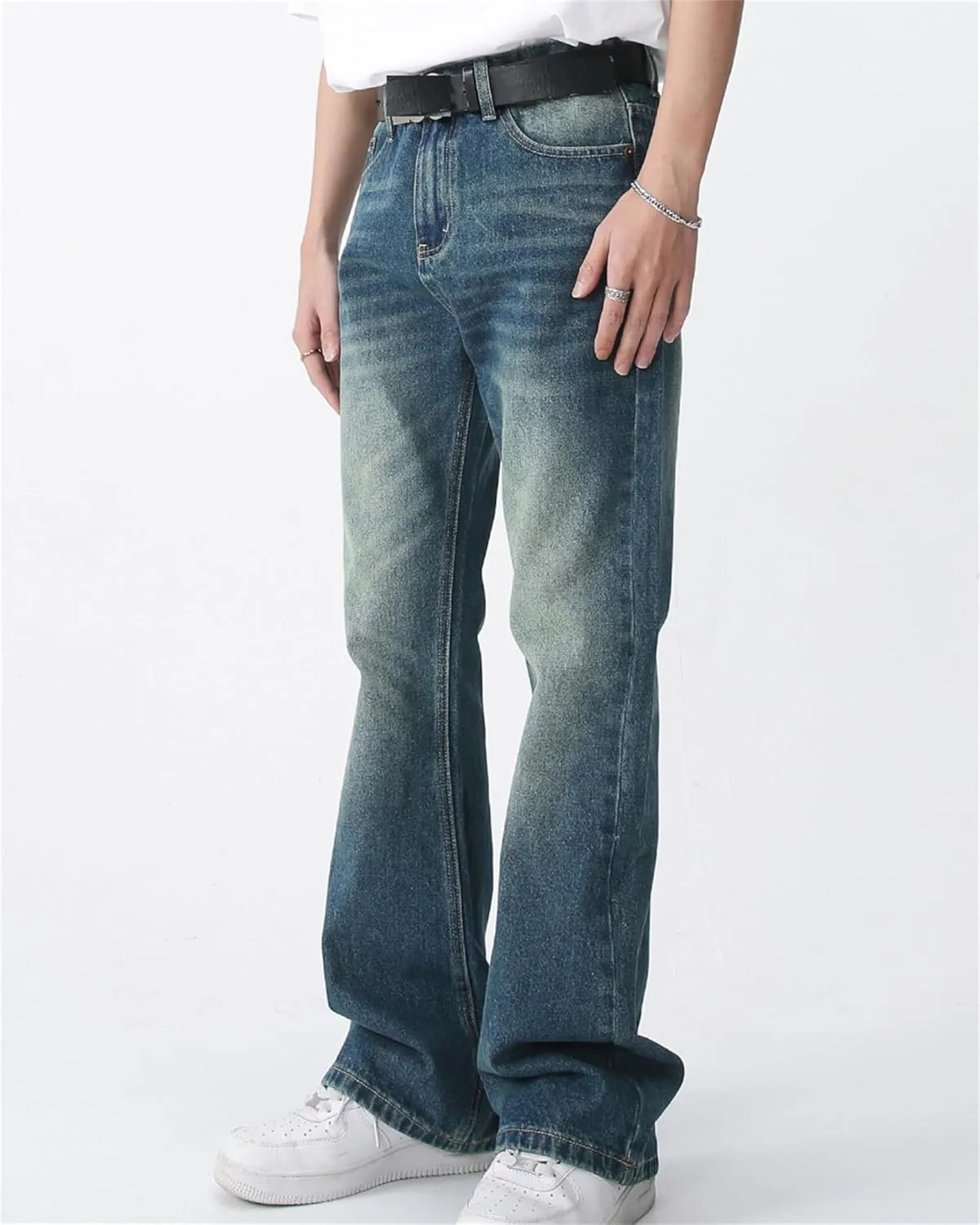 Men's Relaxed Bell Bottom Fit Comfort Flared Retro Leg Denim Jeans Original Straight Fit Denim Jeans