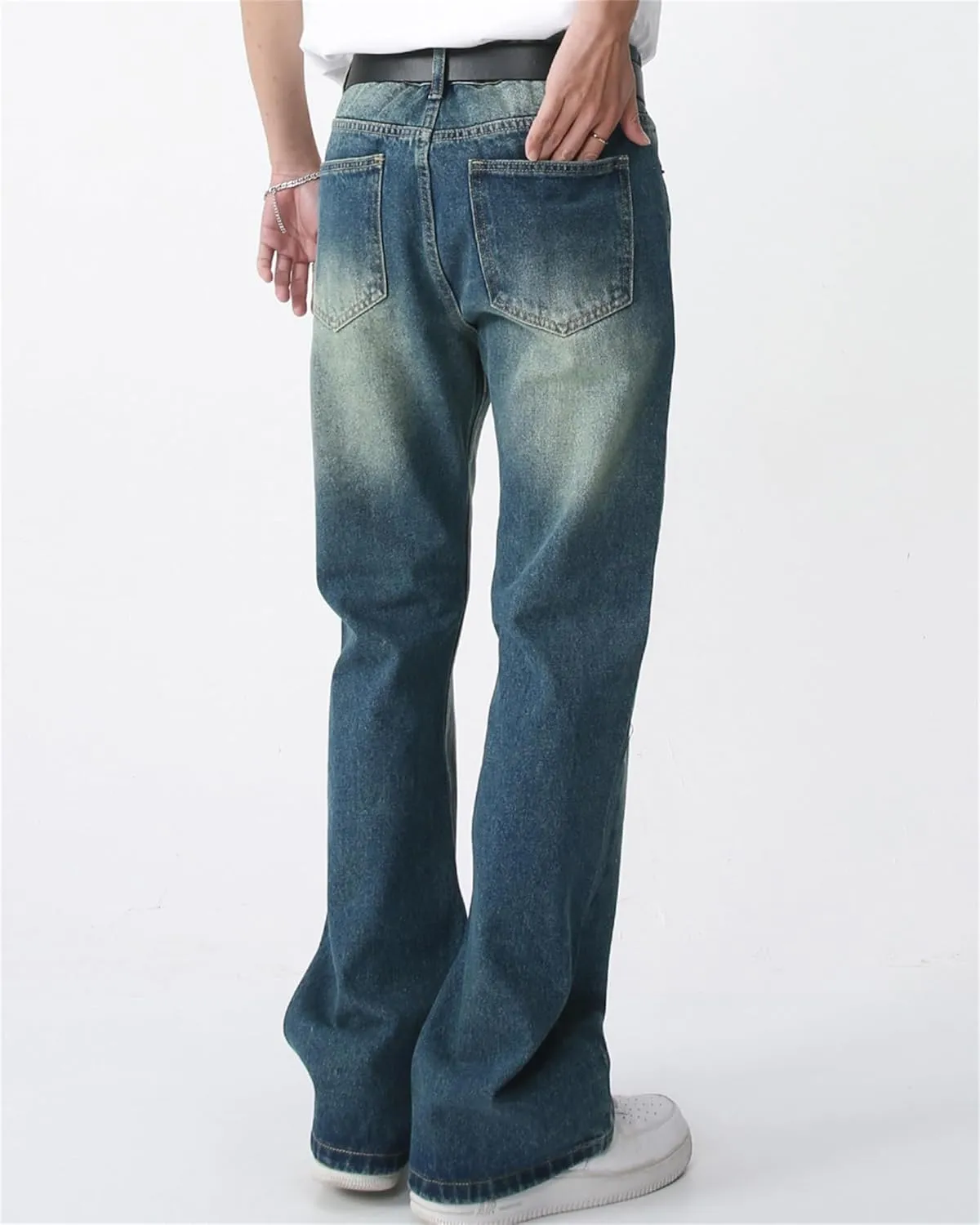 Men's Relaxed Bell Bottom Fit Comfort Flared Retro Leg Denim Jeans Original Straight Fit Denim Jeans