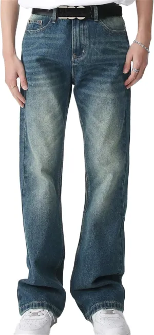 Men's Relaxed Bell Bottom Fit Comfort Flared Retro Leg Denim Jeans Original Straight Fit Denim Jeans