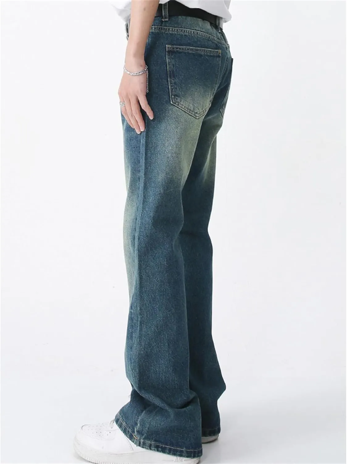 Men's Relaxed Bell Bottom Fit Comfort Flared Retro Leg Denim Jeans Original Straight Fit Denim Jeans
