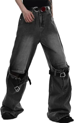 Men's Relaxed Bell Bottom Fit Comfort Flared Retro Leg Denim Jeans Ripped Distressed Pants