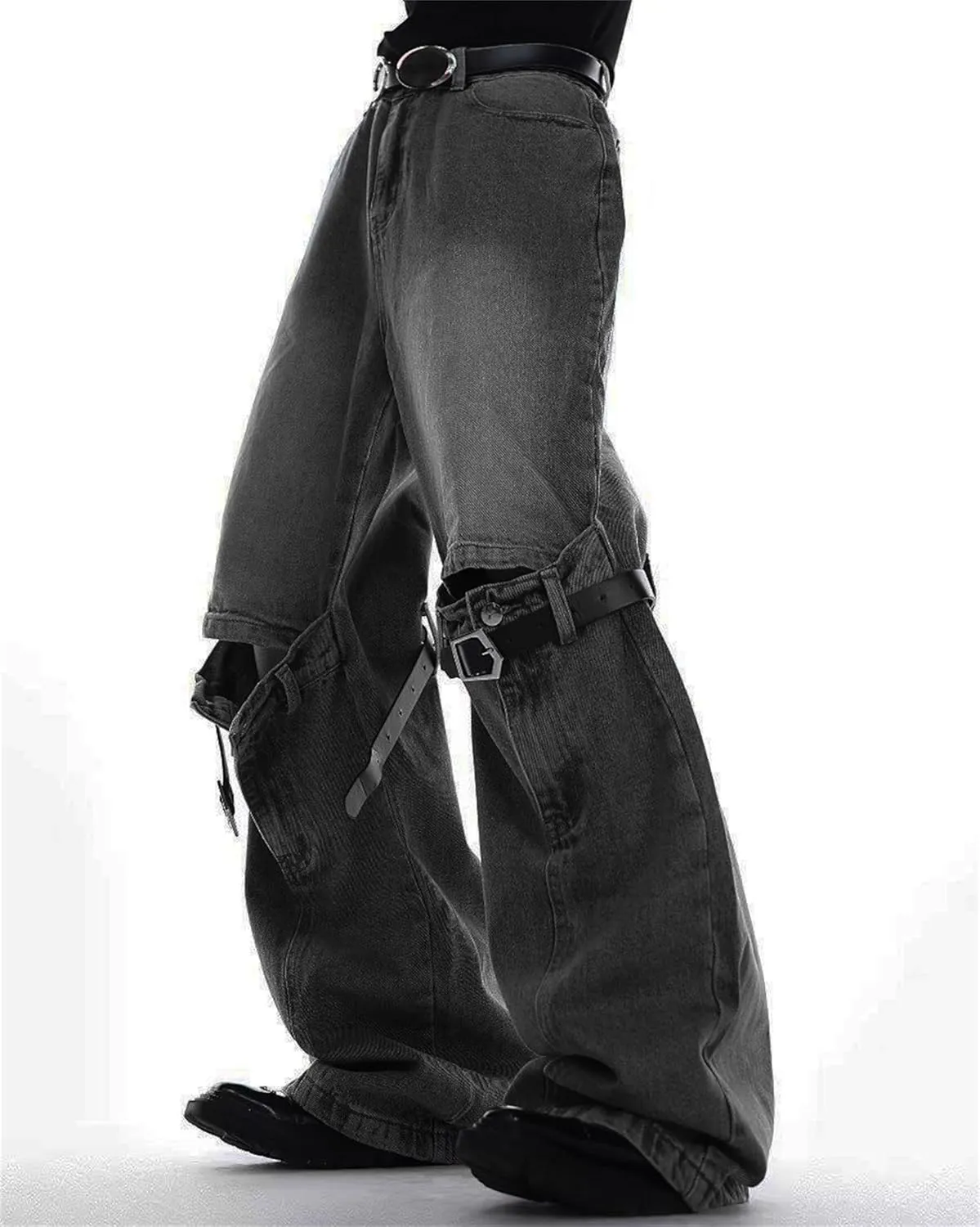 Men's Relaxed Bell Bottom Fit Comfort Flared Retro Leg Denim Jeans Ripped Distressed Pants