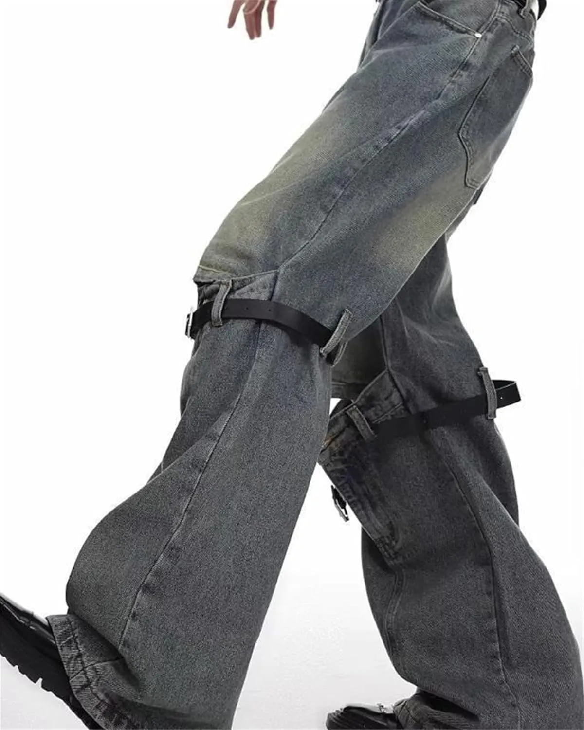 Men's Relaxed Bell Bottom Fit Comfort Flared Retro Leg Denim Jeans Ripped Distressed Pants