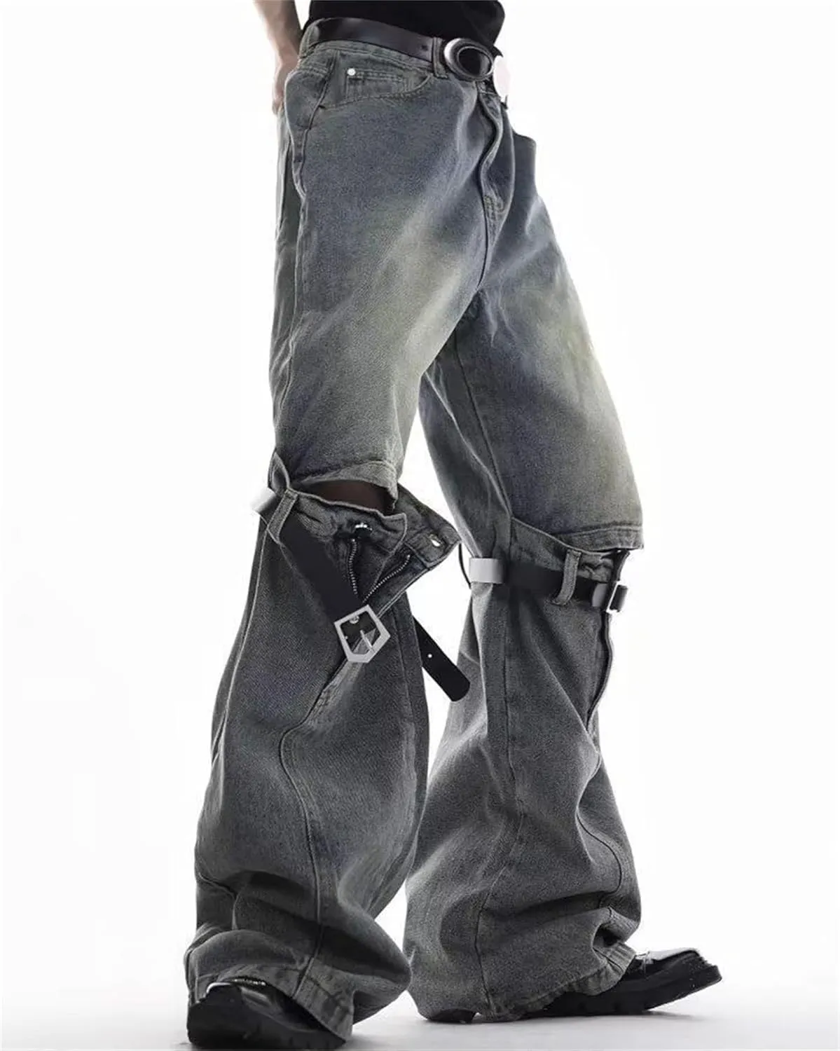 Men's Relaxed Bell Bottom Fit Comfort Flared Retro Leg Denim Jeans Ripped Distressed Pants