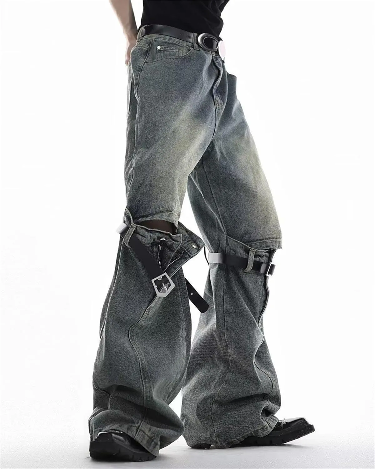 Men's Relaxed Bell Bottom Fit Comfort Flared Retro Leg Denim Jeans Ripped Distressed Pants