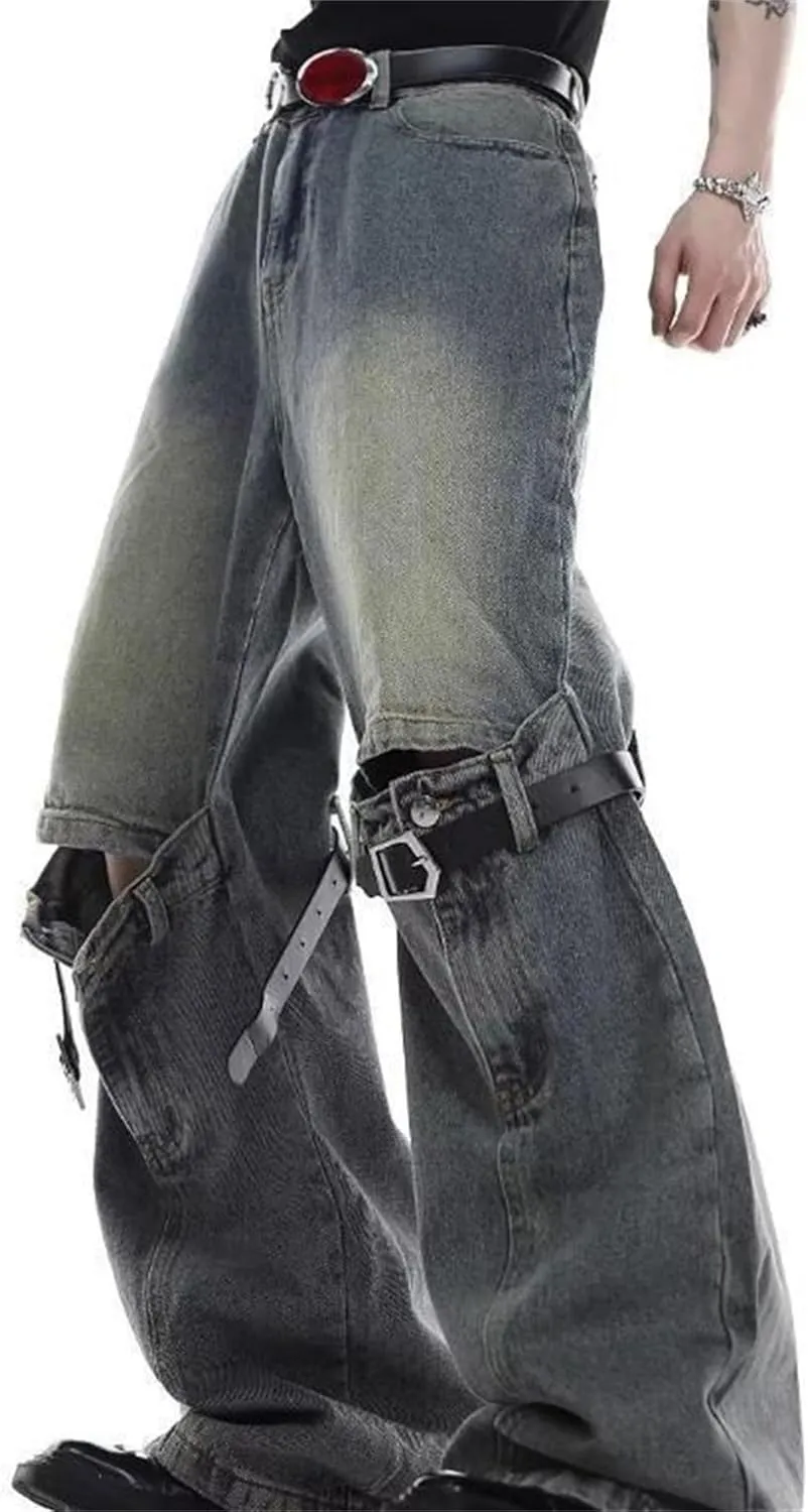 Men's Relaxed Bell Bottom Fit Comfort Flared Retro Leg Denim Jeans Ripped Distressed Pants
