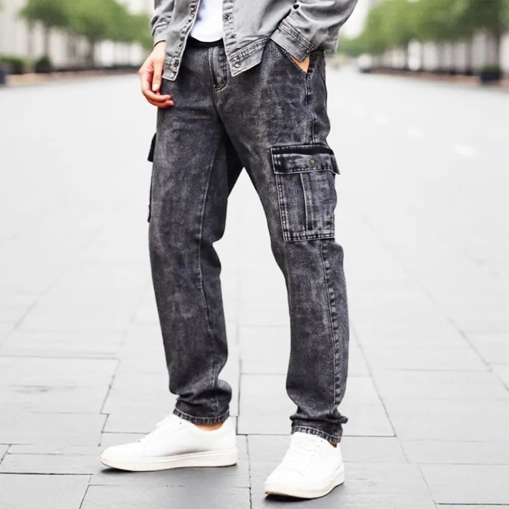 Men’s Slim Fit Cargo Jeans – Straight Leg Streetwear Denim Pants with Flap Pockets, Multipocket Workwear Style