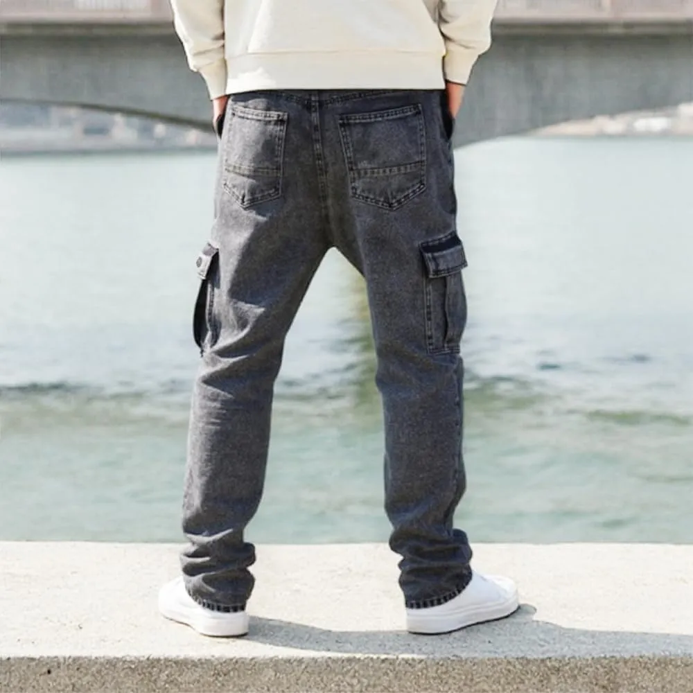 Men’s Slim Fit Cargo Jeans – Straight Leg Streetwear Denim Pants with Flap Pockets, Multipocket Workwear Style