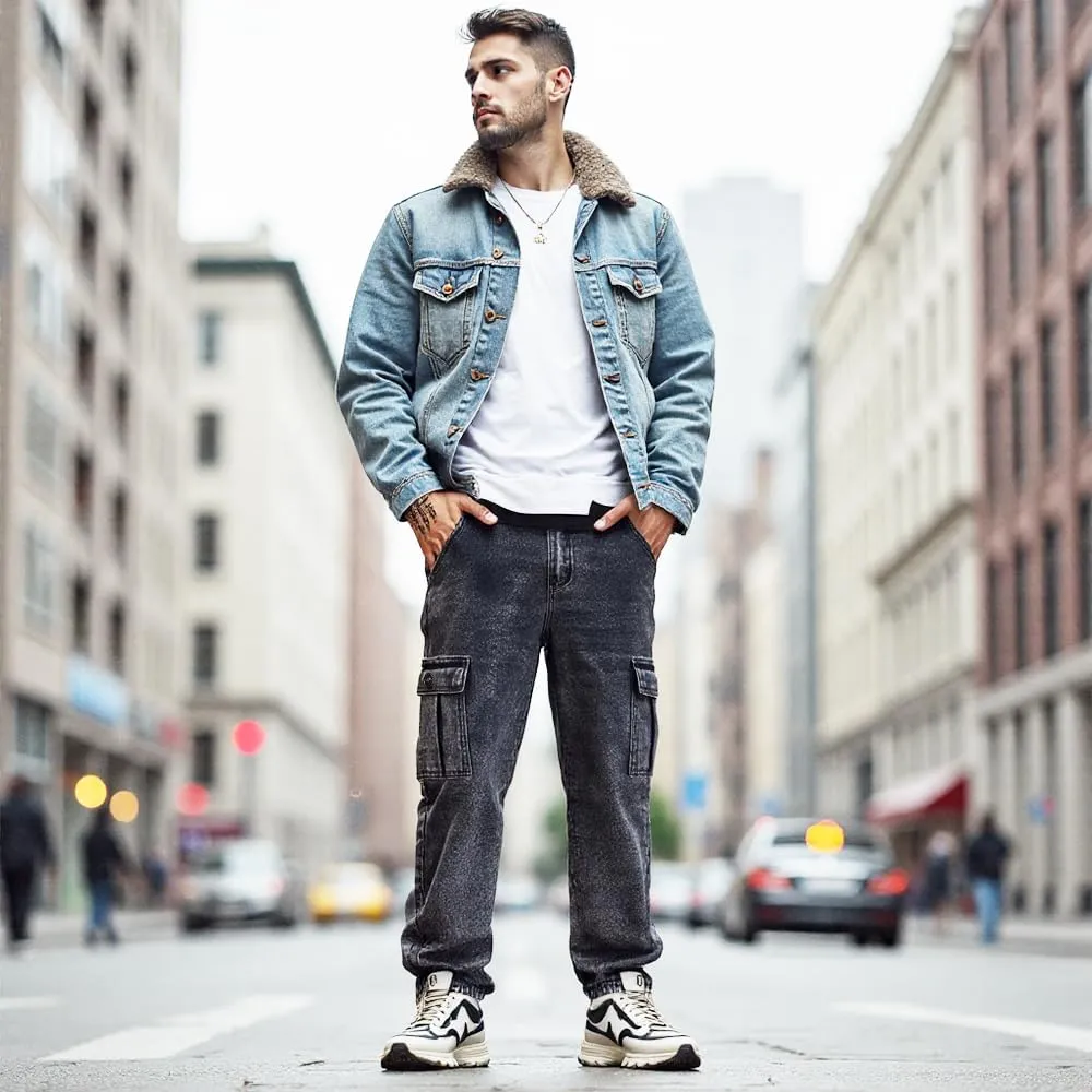 Men’s Slim Fit Cargo Jeans – Straight Leg Streetwear Denim Pants with Flap Pockets, Multipocket Workwear Style