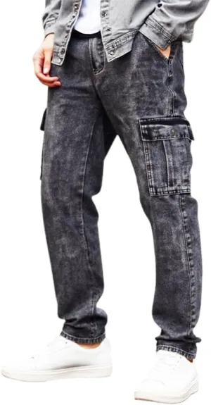Men’s Slim Fit Cargo Jeans – Straight Leg Streetwear Denim Pants with Flap Pockets, Multipocket Workwear Style