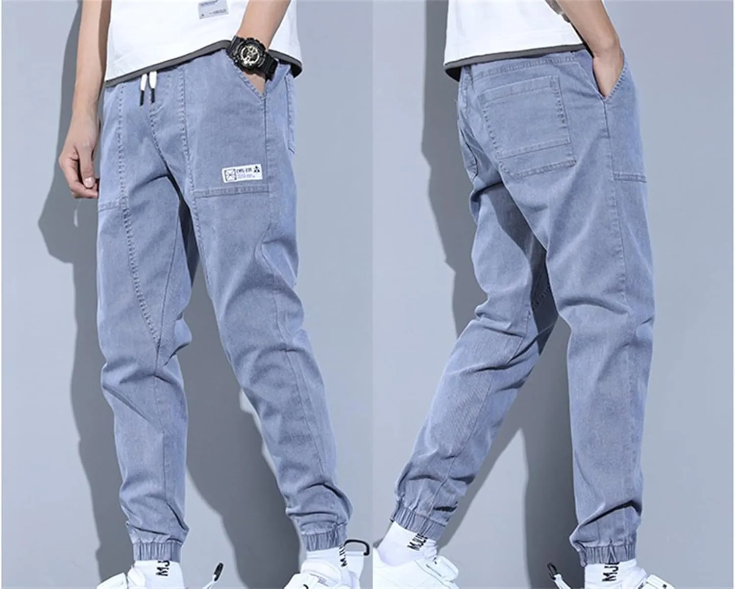 Men's Slim Fit Stretch Jeans Classic Denim Work Pants Fit Elastic Waist Casual Trousers