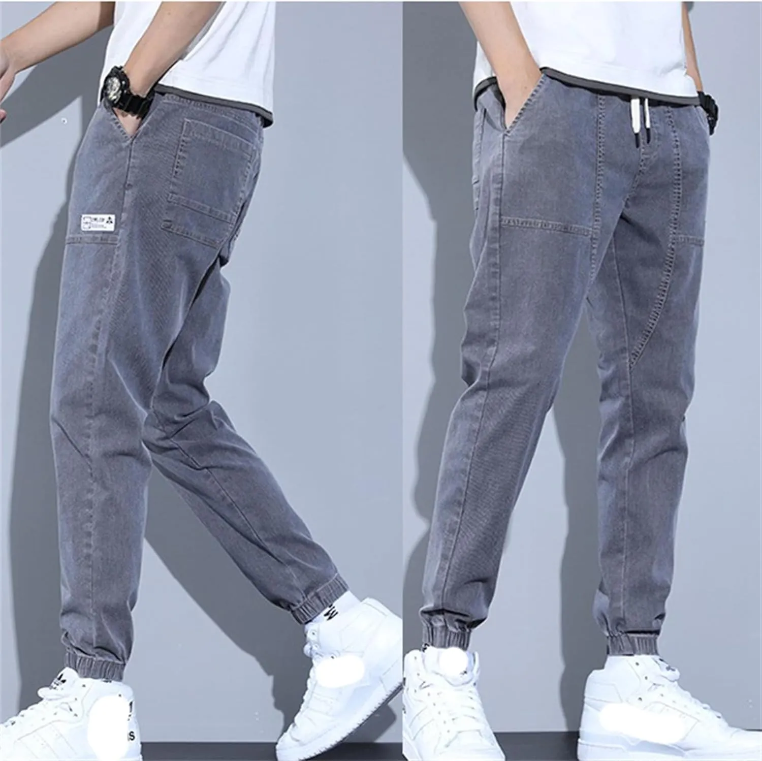 Men's Slim Fit Stretch Jeans Classic Denim Work Pants Fit Elastic Waist Casual Trousers