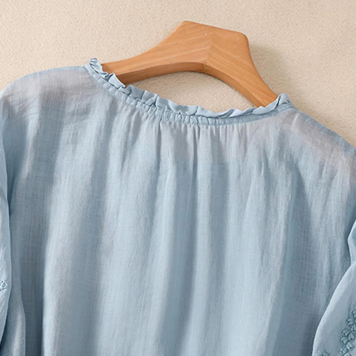 Mexican Blouses for Women Summer Embroidered Shirt Trendy Cotton Linen Short Sleeve Top Round Neck Shirt