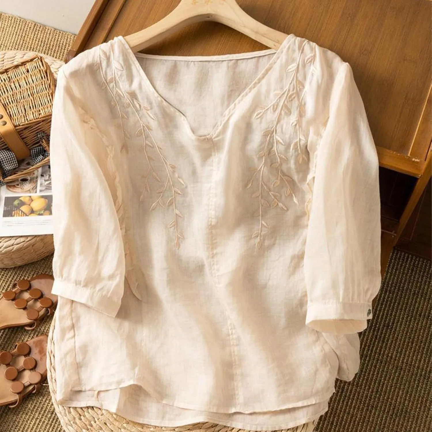 Mexican Blouses for Women Summer Embroidered Shirt Trendy Cotton Linen Short Sleeve Top Round Neck Shirt