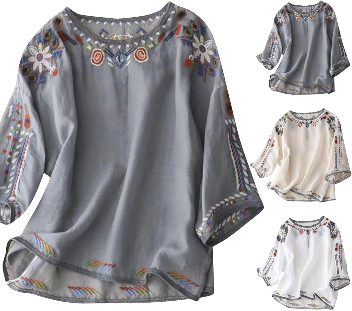 Mexican Blouses for Women Summer Embroidered Shirt Trendy Cotton Linen Short Sleeve Top Round Neck Shirt