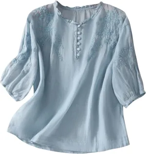 Mexican Blouses for Women Summer Embroidered Shirt Trendy Cotton Linen Short Sleeve Top Round Neck Shirt