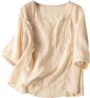 Mexican Blouses for Women Summer Embroidered Shirt Trendy Cotton Linen Short Sleeve Top Round Neck Shirt