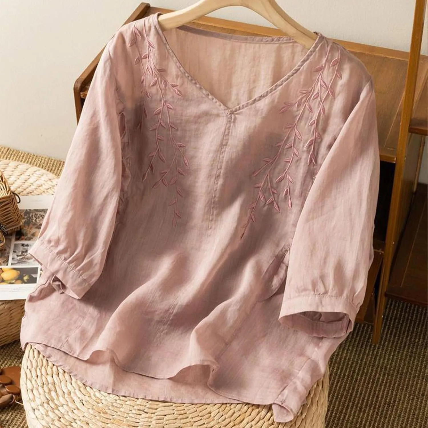 Mexican Blouses for Women Summer Embroidered Shirt Trendy Cotton Linen Short Sleeve Top Round Neck Shirt