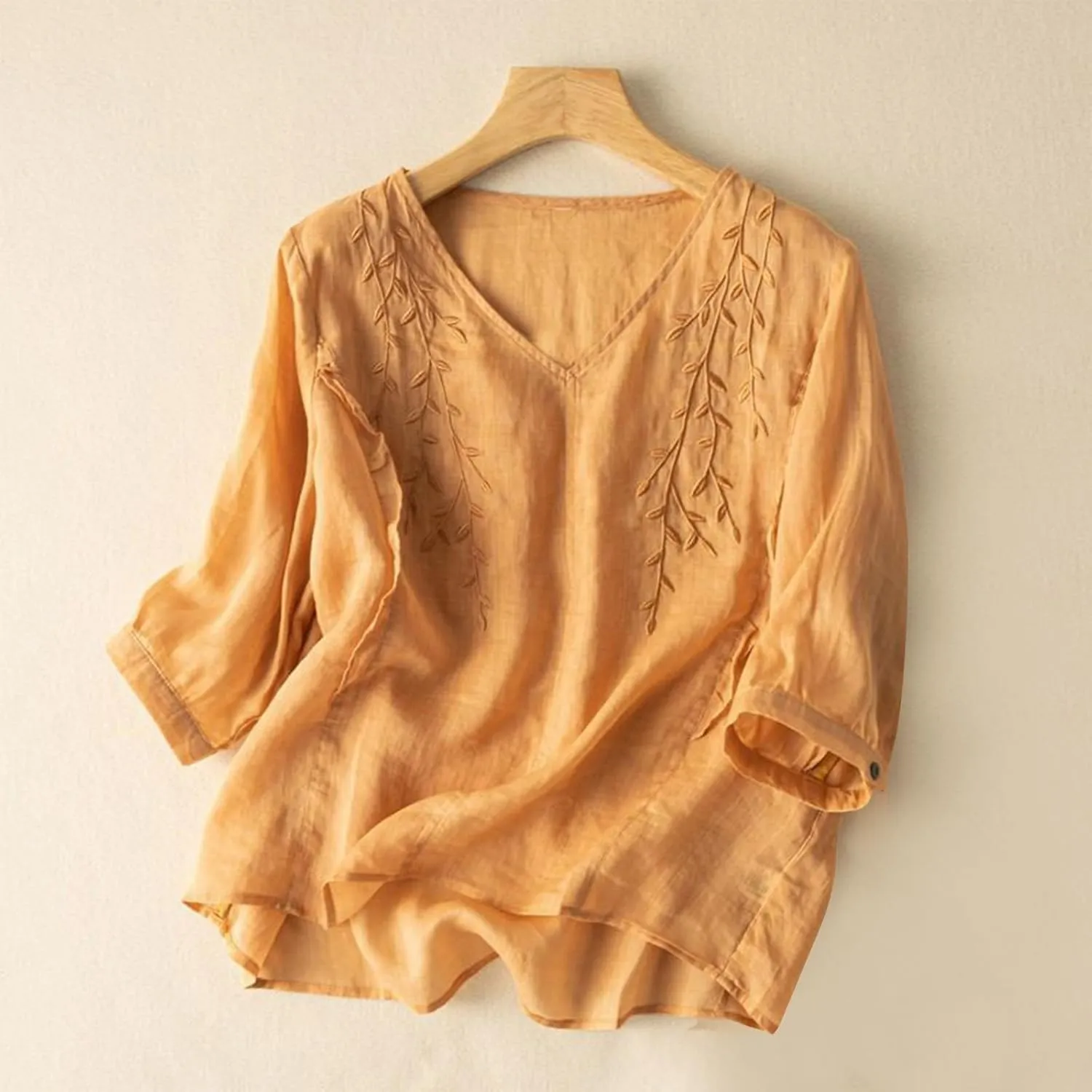 Mexican Blouses for Women Summer Embroidered Shirt Trendy Cotton Linen Short Sleeve Top Round Neck Shirt