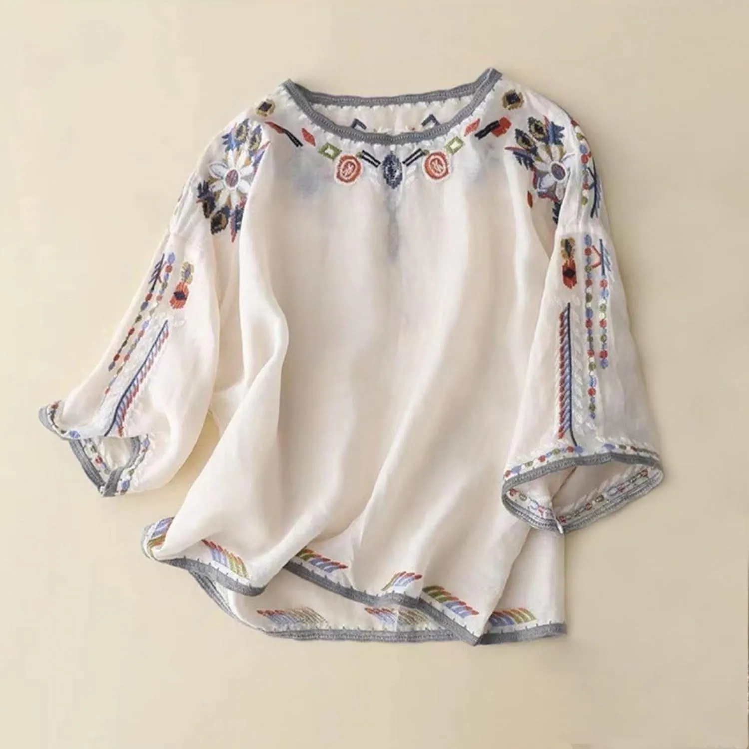Mexican Blouses for Women Summer Embroidered Shirt Trendy Cotton Linen Short Sleeve Top Round Neck Shirt