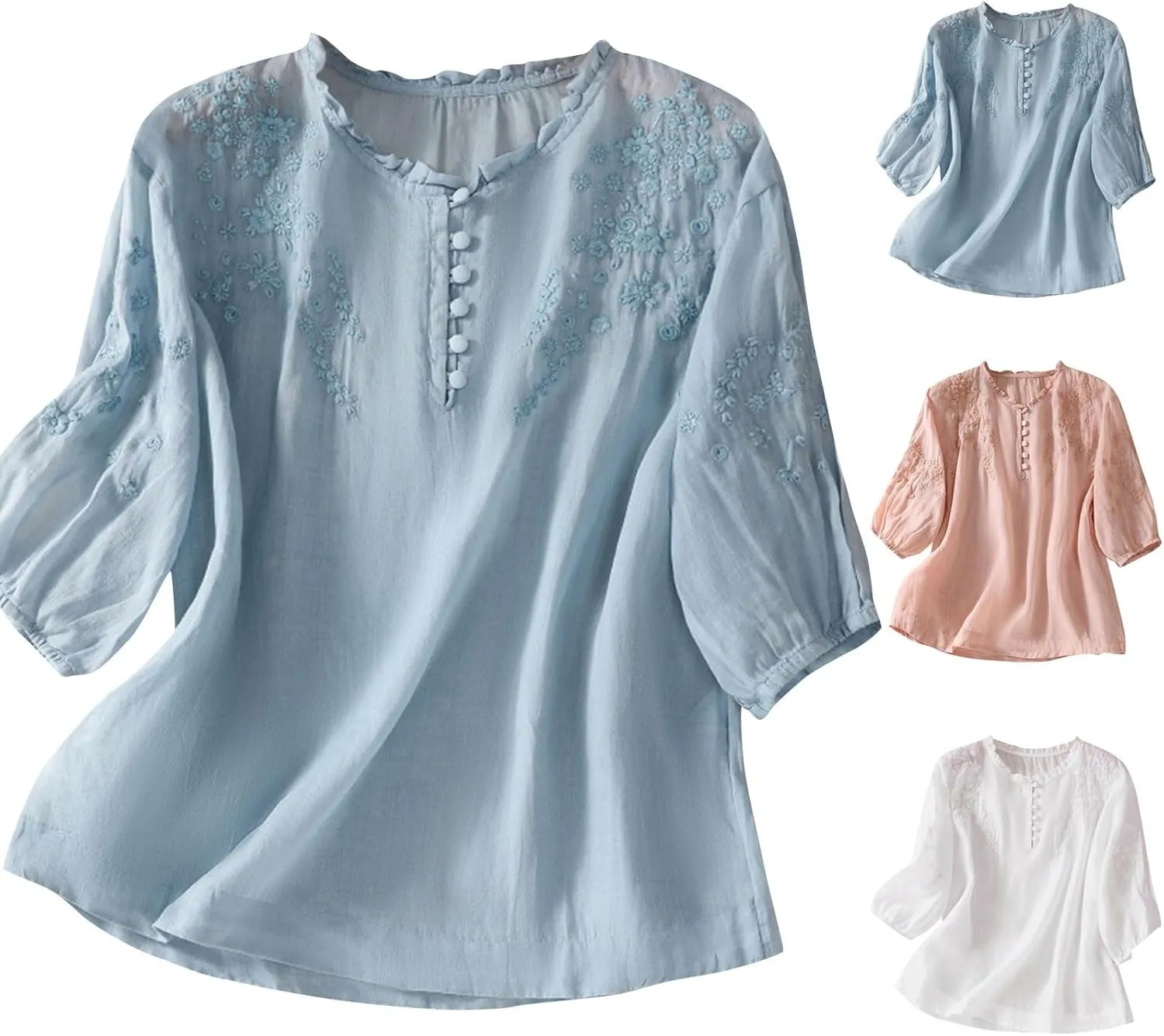 Mexican Blouses for Women Summer Embroidered Shirt Trendy Cotton Linen Short Sleeve Top Round Neck Shirt