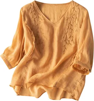 Mexican Blouses for Women Summer Embroidered Shirt Trendy Cotton Linen Short Sleeve Top Round Neck Shirt