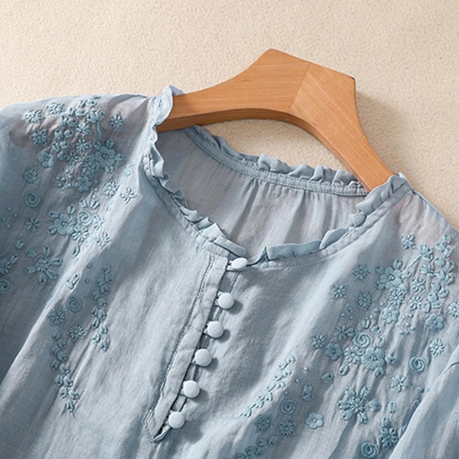 Mexican Blouses for Women Summer Embroidered Shirt Trendy Cotton Linen Short Sleeve Top Round Neck Shirt