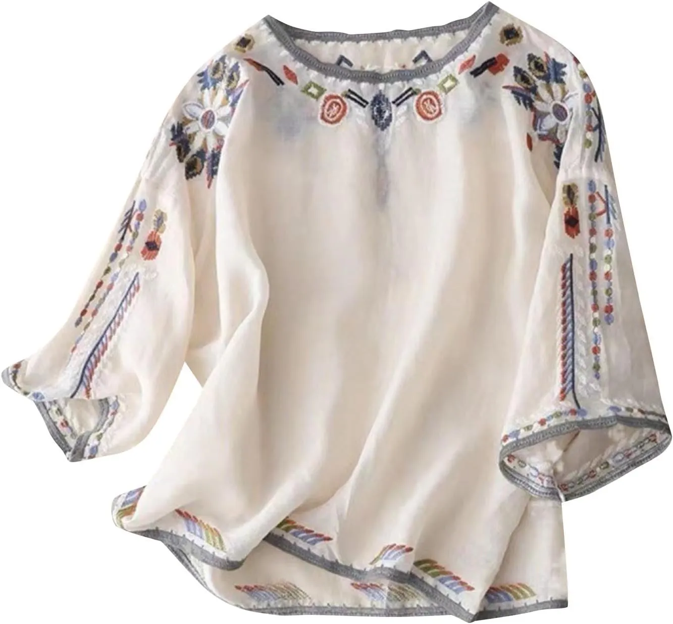 Mexican Blouses for Women Summer Embroidered Shirt Trendy Cotton Linen Short Sleeve Top Round Neck Shirt