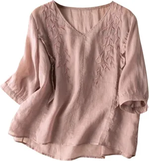 Mexican Blouses for Women Summer Embroidered Shirt Trendy Cotton Linen Short Sleeve Top Round Neck Shirt