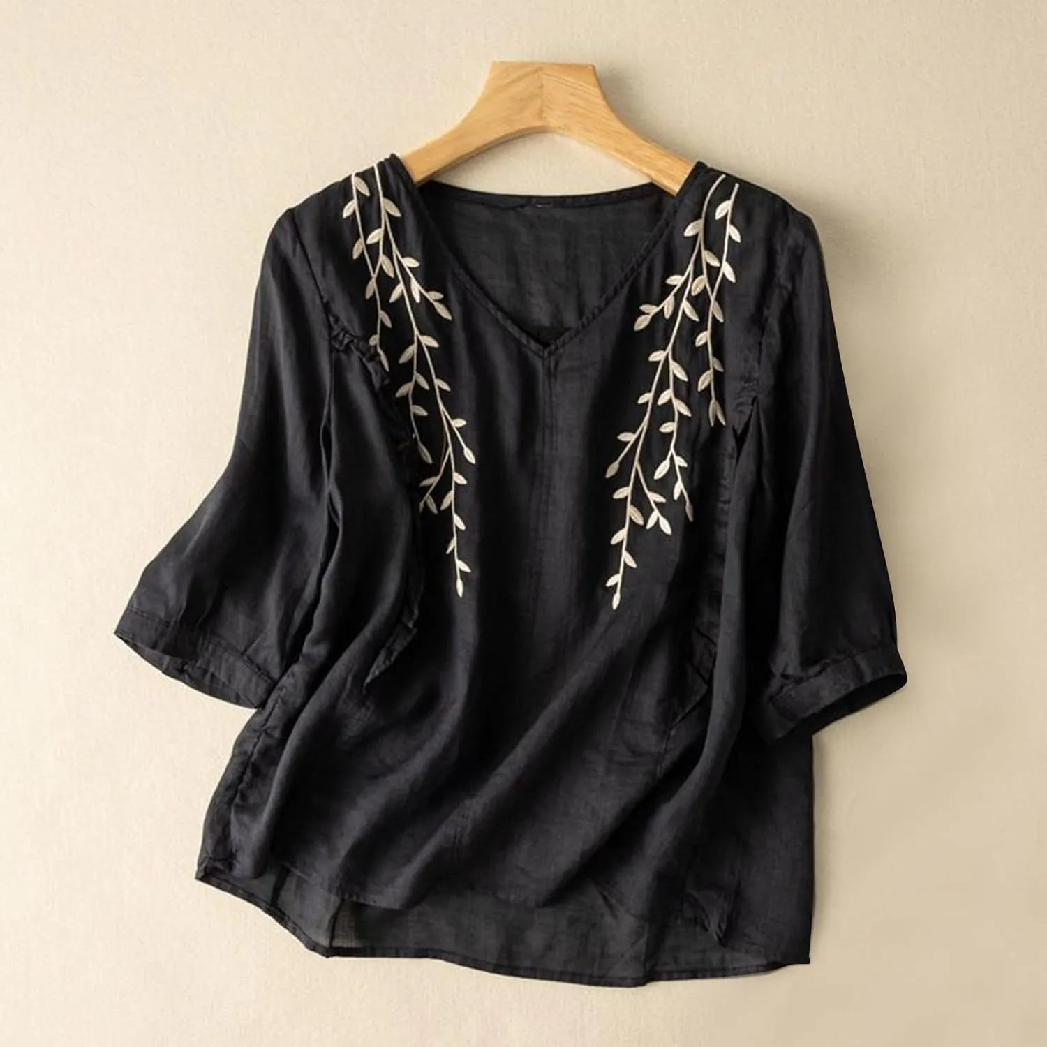 Mexican Blouses for Women Summer Embroidered Shirt Trendy Cotton Linen Short Sleeve Top Round Neck Shirt