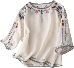 Mexican Blouses for Women Summer Embroidered Shirt Trendy Cotton Linen Short Sleeve Top Round Neck Shirt