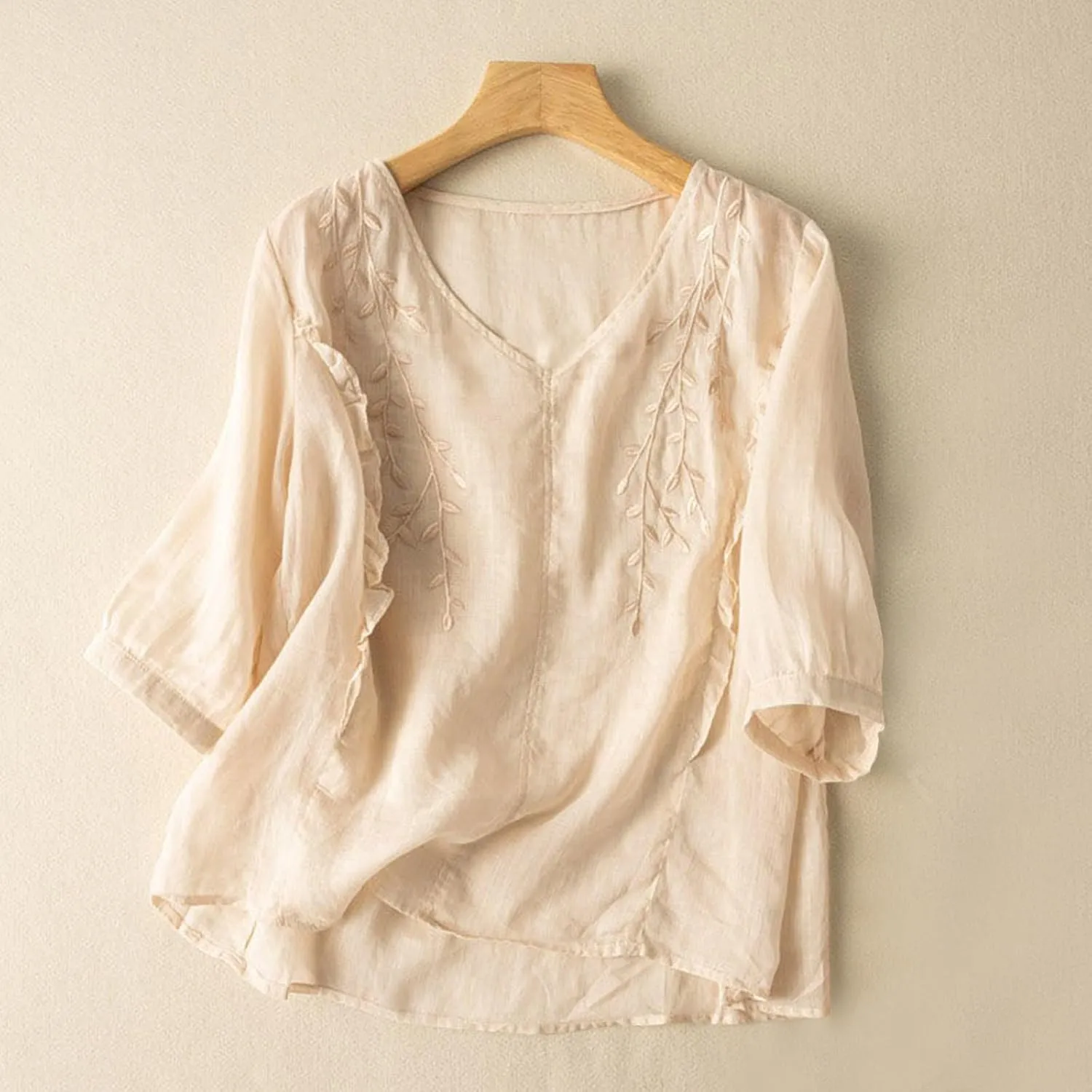 Mexican Blouses for Women Summer Embroidered Shirt Trendy Cotton Linen Short Sleeve Top Round Neck Shirt