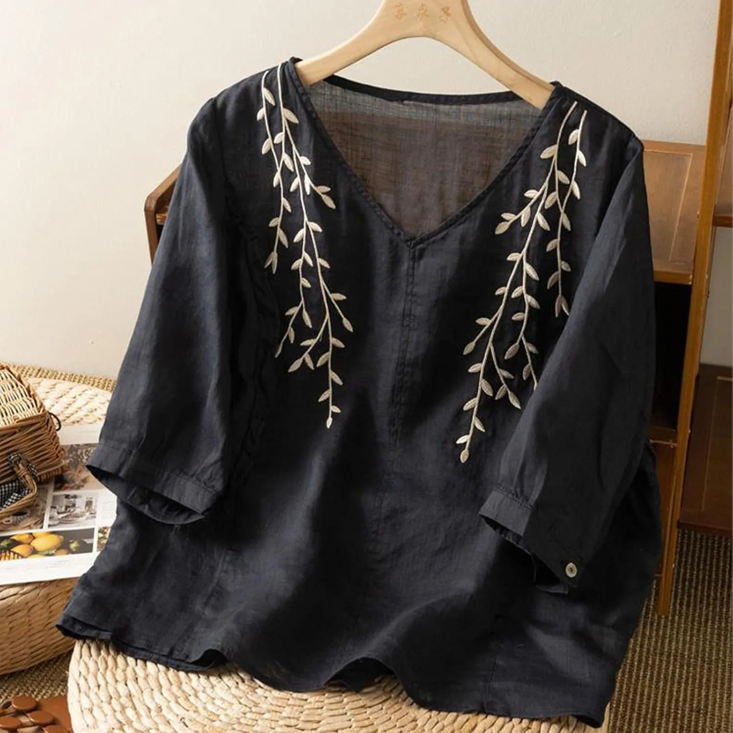 Mexican Blouses for Women Summer Embroidered Shirt Trendy Cotton Linen Short Sleeve Top Round Neck Shirt