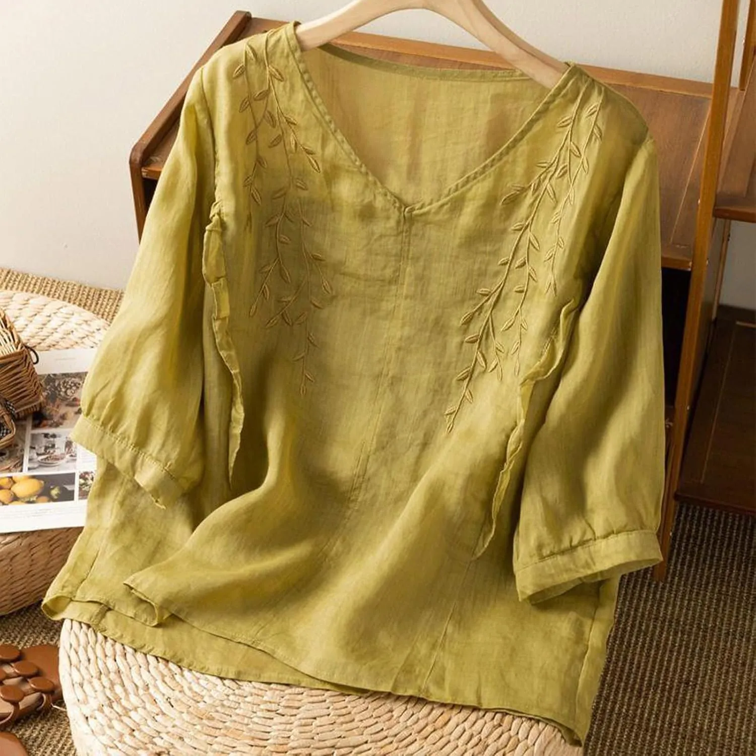Mexican Blouses for Women Summer Embroidered Shirt Trendy Cotton Linen Short Sleeve Top Round Neck Shirt