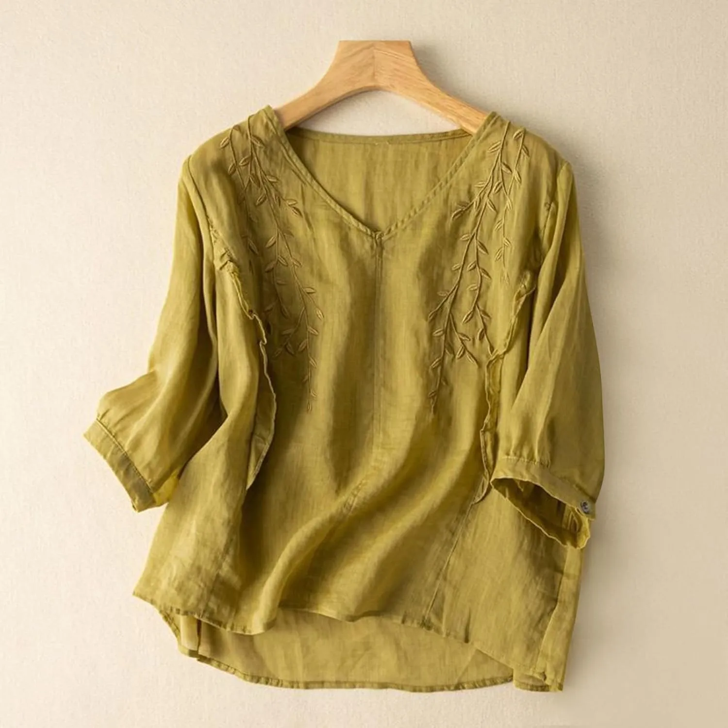 Mexican Blouses for Women Summer Embroidered Shirt Trendy Cotton Linen Short Sleeve Top Round Neck Shirt