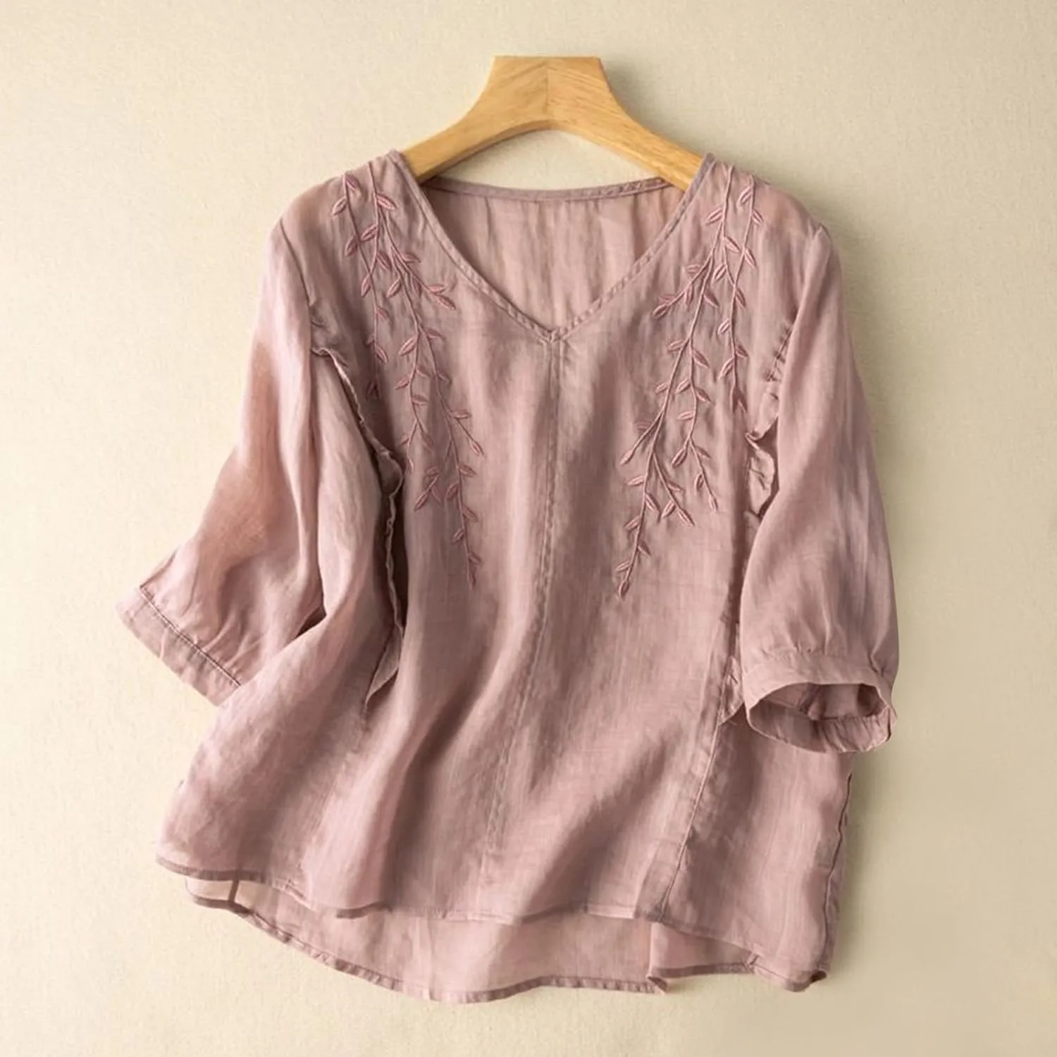 Mexican Blouses for Women Summer Embroidered Shirt Trendy Cotton Linen Short Sleeve Top Round Neck Shirt